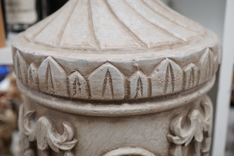 A pair of painted and carved wood lamps, 65cm to wood top